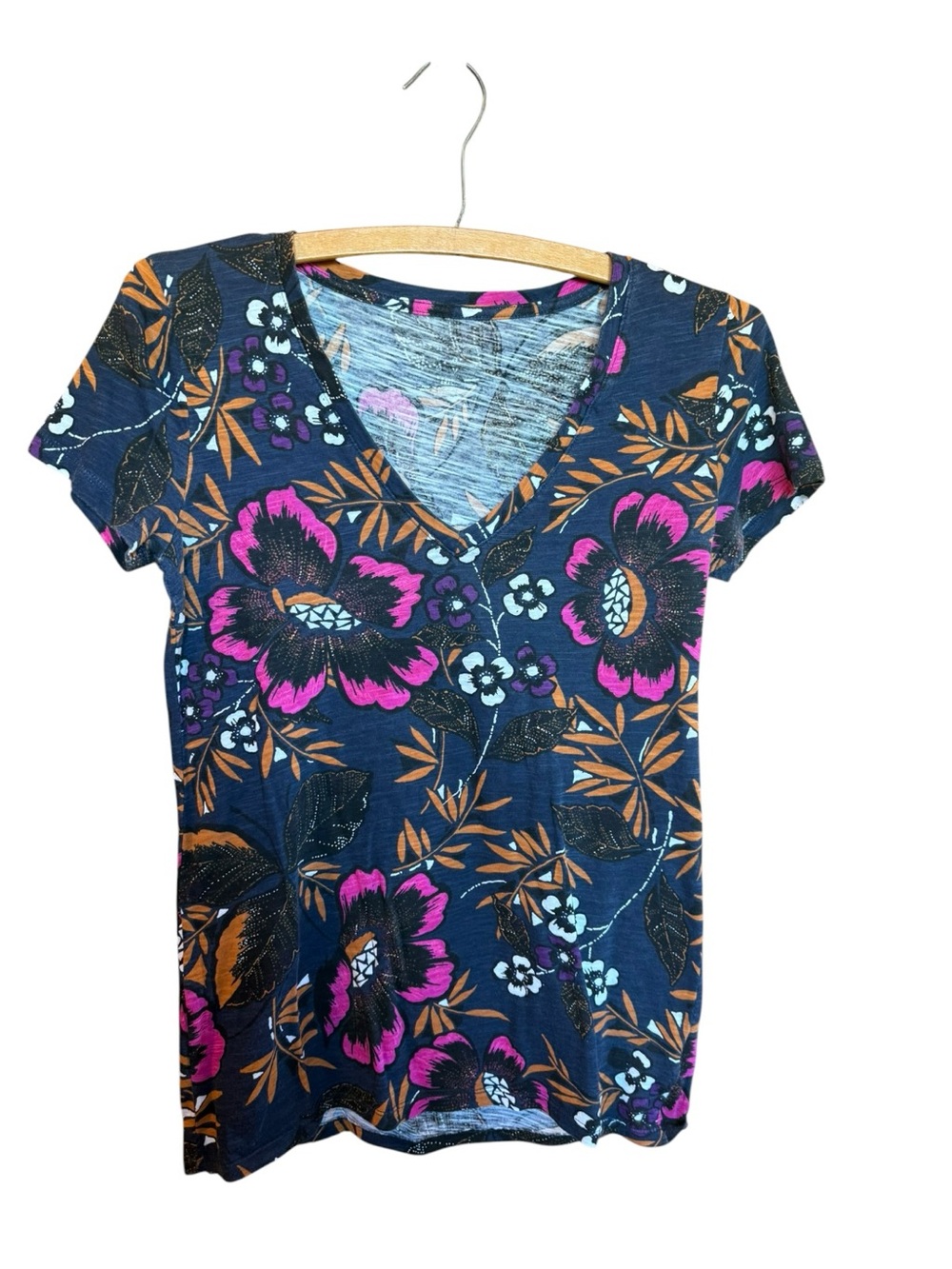 a new day 100% CottonNavy V-Neck Short Sleeve Top with Pink & Brown Floral Print